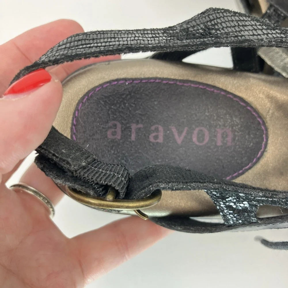 Aravon Sandals Women 8.5 B Gladiator Black Metallic Lace Up Shoes Comfort Resort